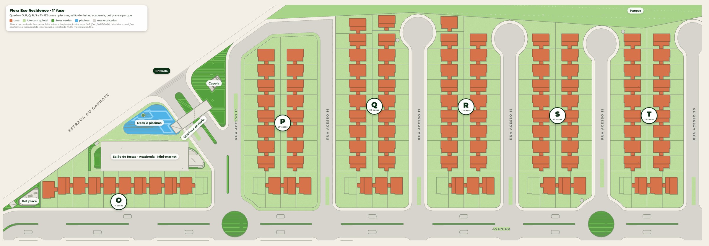 Planta humanizada da 1ª fase do Flora Eco Residence: quadras O, P, Q, R, S e T, com piscinas, salão de festas, pet place e parque