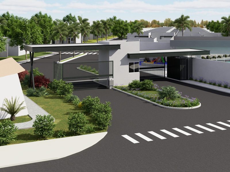 Perspectiva da portaria do Flora Eco Residence